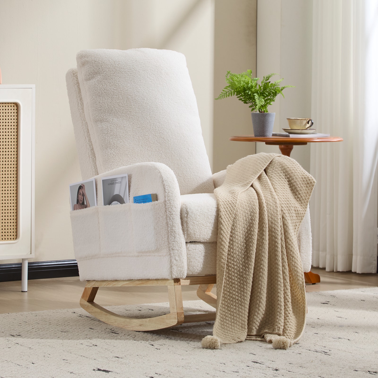 Modern Accent Rocking Chair Rocking Chair With Solid Wood Legs, Upholstered Nursery Glider Rocker, Comfy Armchair With Side Pocket, Living Room Lounge Arm Chair With High Backrest (White,teddy)_voghion.com